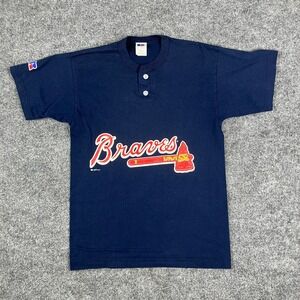 Russell T-Shirt Youth Size L Navy Braves Graphic Henley MLB Baseball Jersey‎
